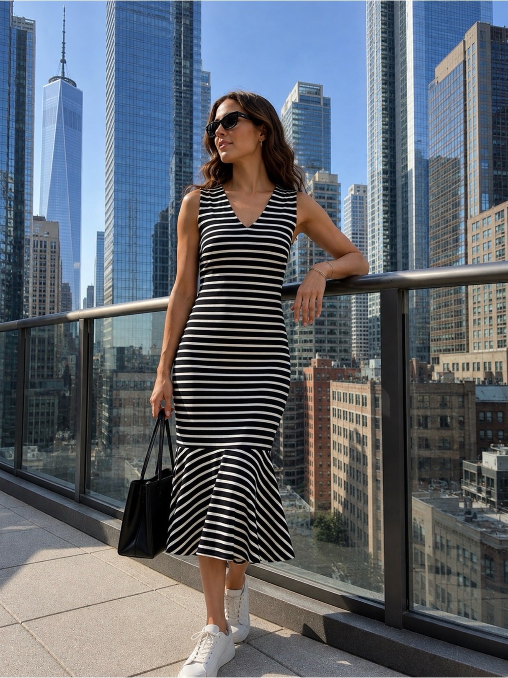 Banana Republic Navy and White Striped Sleeveless Ponte Flounce Dress
